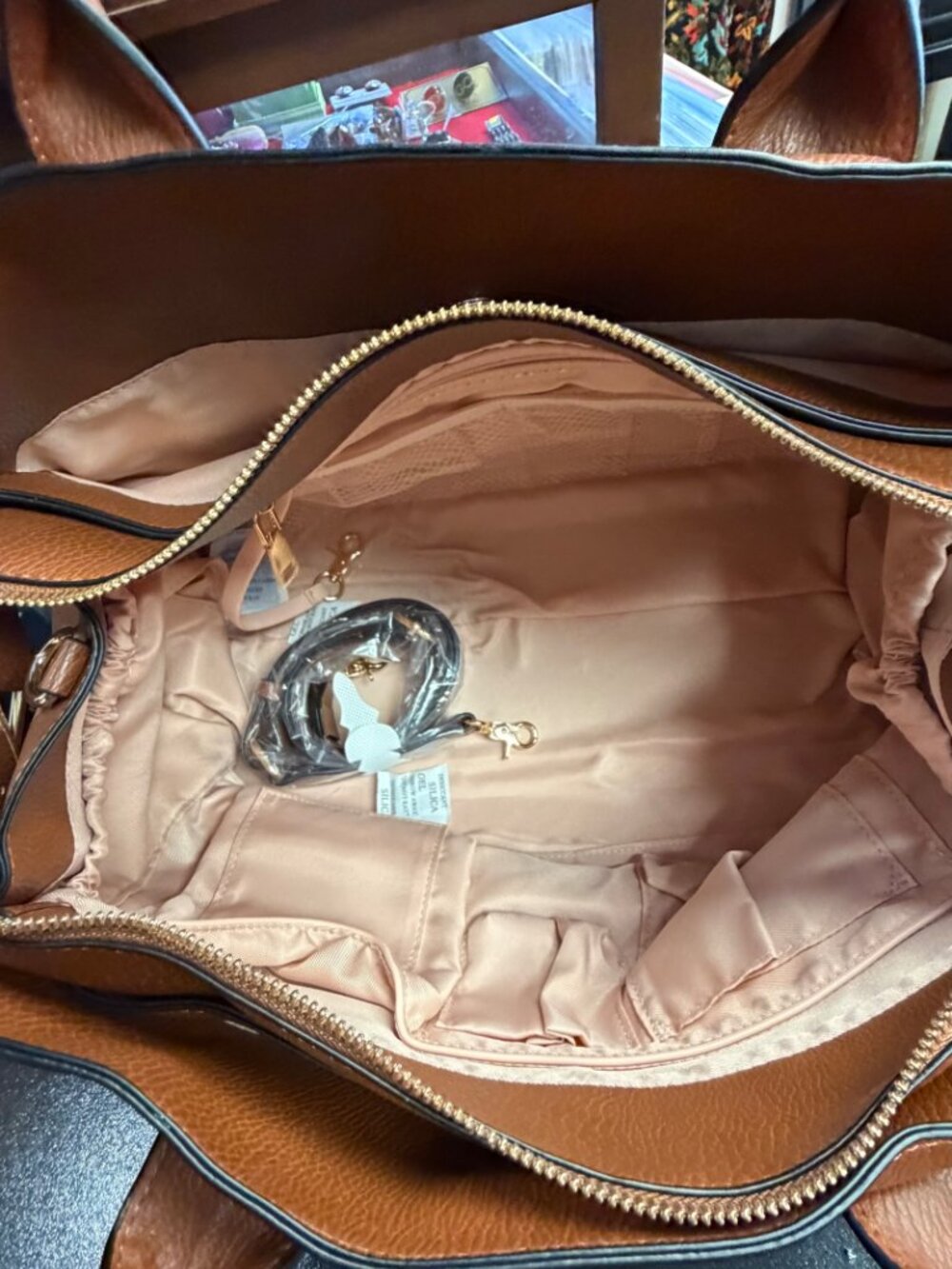Poppy & Peonies Effortless Cognac Vegan Leather Satchel Bag NWT - Picture 6 of 11